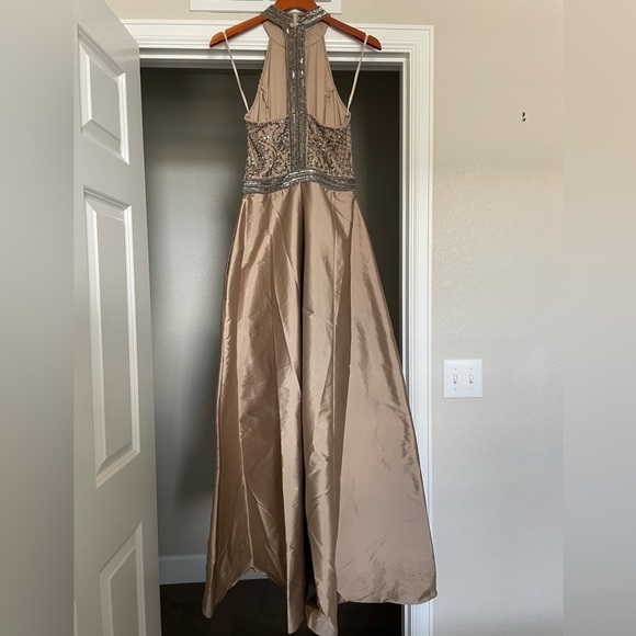 Beaded Halter Top with High Low Skirt Formal Dress - Picture 3 of 6